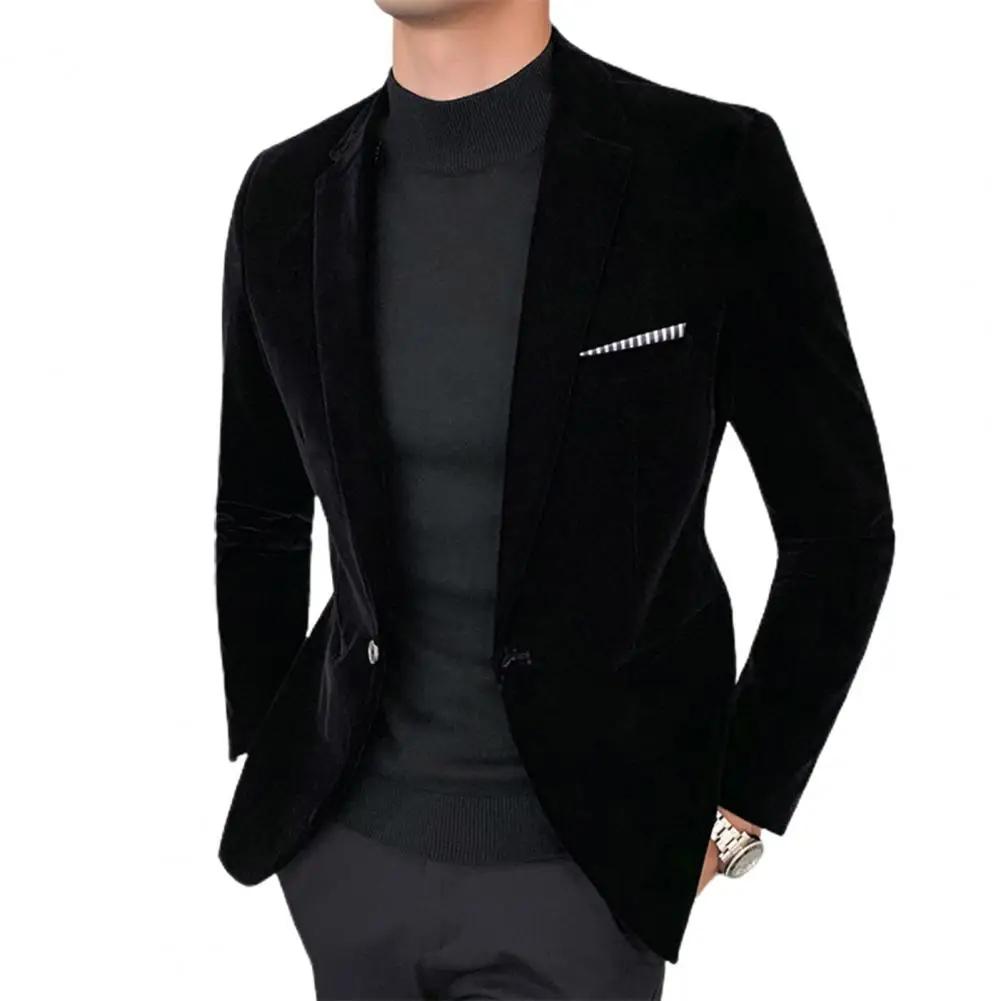 Velours hommes tempérament col rabattu bouton unique coupe ajustée hommes costume manteau élégant do