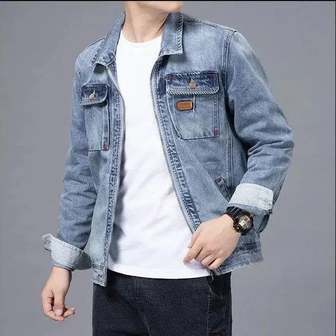 Veste de moto en jean pour homme avec poche, jean combiné, bleu, fermeture éclair V, esthétique vint