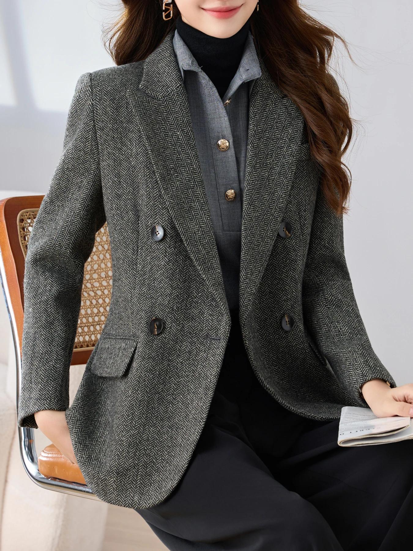 Blazer pied-de-poule à revers, Double boutonnage, avec ourlet fendu, Design élégant, couleur unie, h