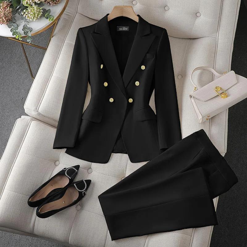 Ensemble 2 pièces de mode coréenne : Blazer à col rabattu et pantalon slim à manches longues pour fe