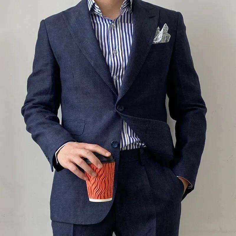 Costume en lin bleu marine pour hommes, grande taille, Style Gentleman britannique, veste de costume