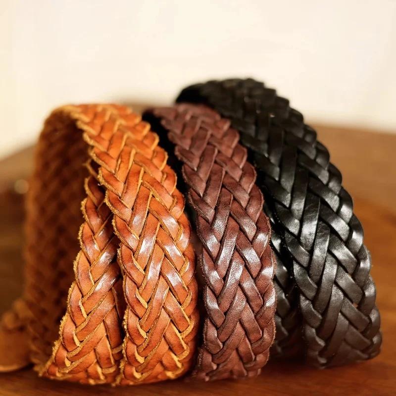 Ceinture de styliste rétro en laiton et cuivre, tissée à la main, en cuir véritable végétal, décontr