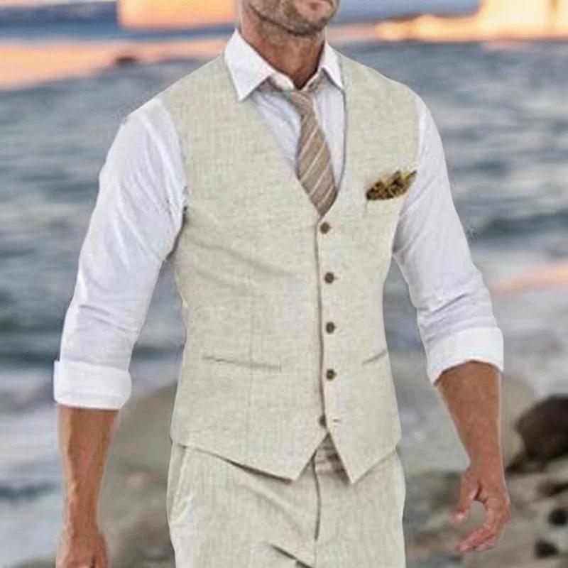 Gilet de costume en lin Beige pour hommes, gilet une pièce de plage d'été de mariage, col en V, coût