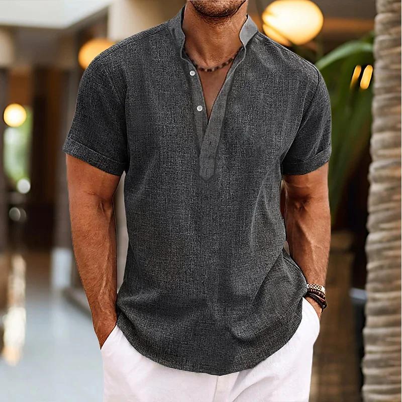 Chemise à manches courtes pour homme avec col mandarin et texture en lin, patte de boutonnage Henley