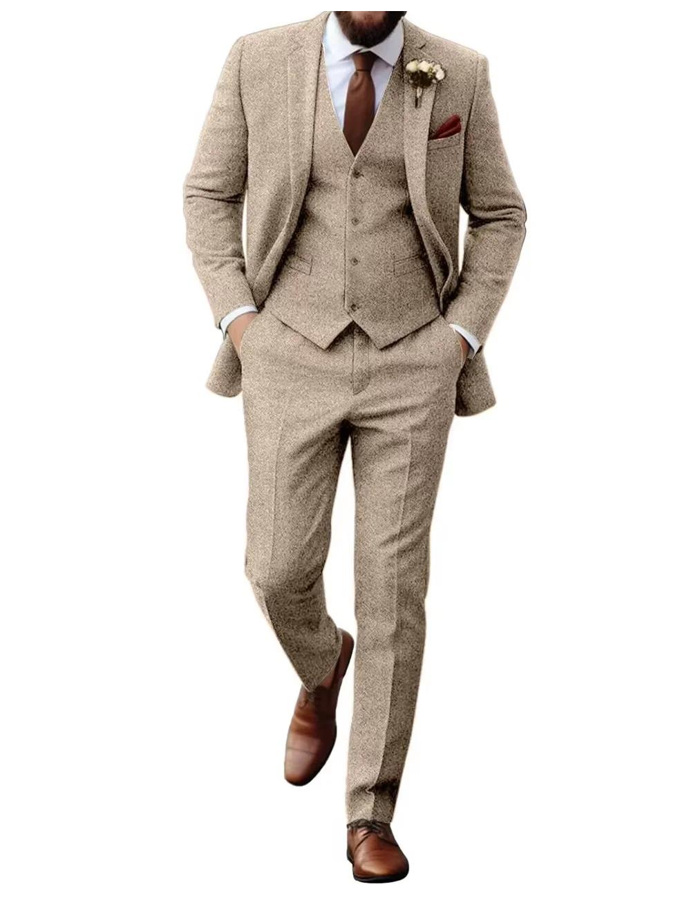 Costumes pour hommes Tweed à chevrons coupe ajustée affaires Cauasl gilet veste garçons d'honneur co