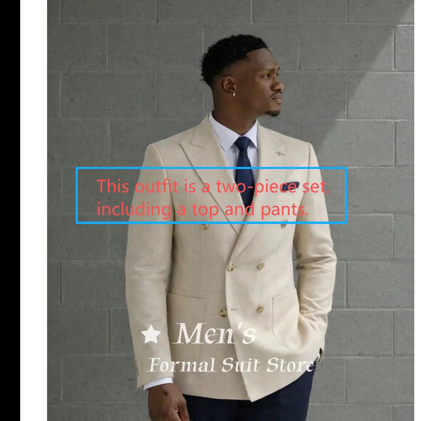 Blazer beige croisé pour homme avec boutons dorés, revers pointus, coupe ajustée, veste de cérémonie