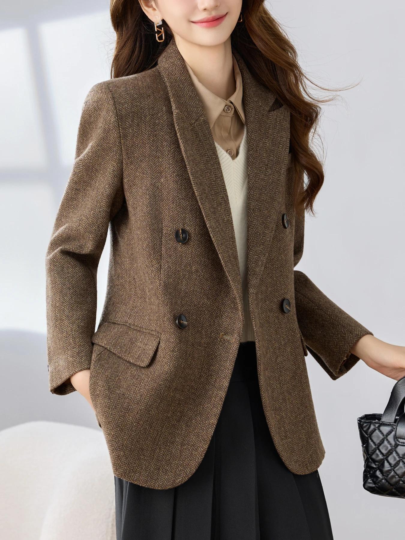 Blazer pied-de-poule à revers, Double boutonnage, avec ourlet fendu, Design élégant, couleur unie, h
