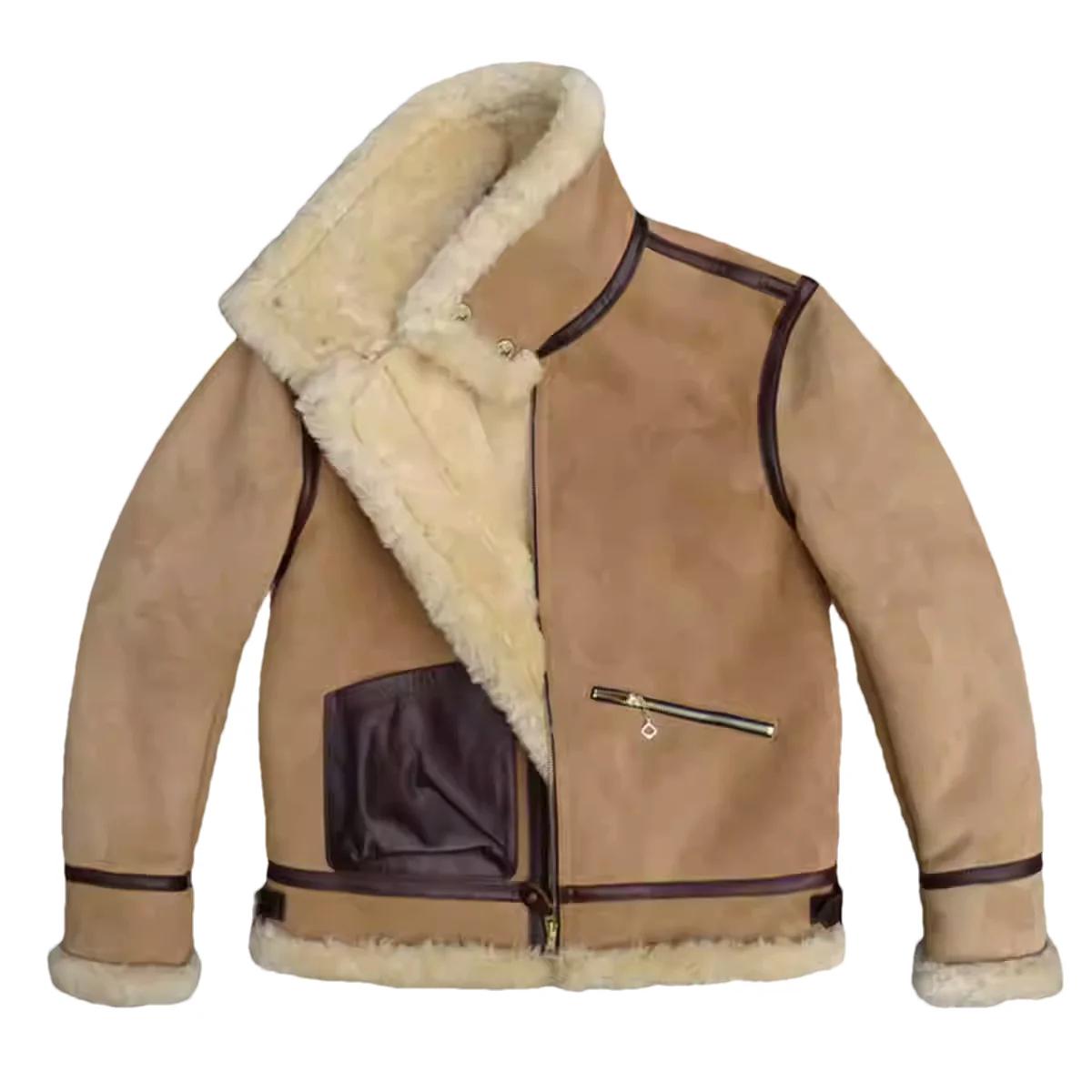 Veste en peau de mouton véritable marron clair pour homme, style rétro, grande taille 4XL, col rabat