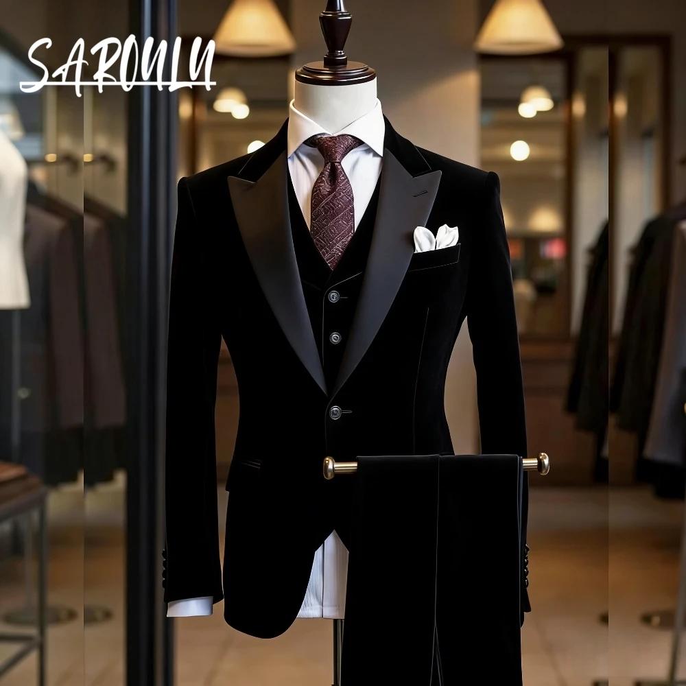 Costume de smoking 3 pièces en velours noir pour hommes, avec revers en Satin, tenue de mariage pour