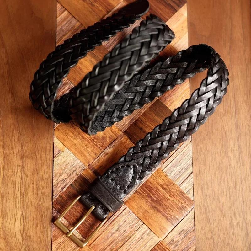 Ceinture de styliste rétro en laiton et cuivre, tissée à la main, en cuir véritable végétal, décontr