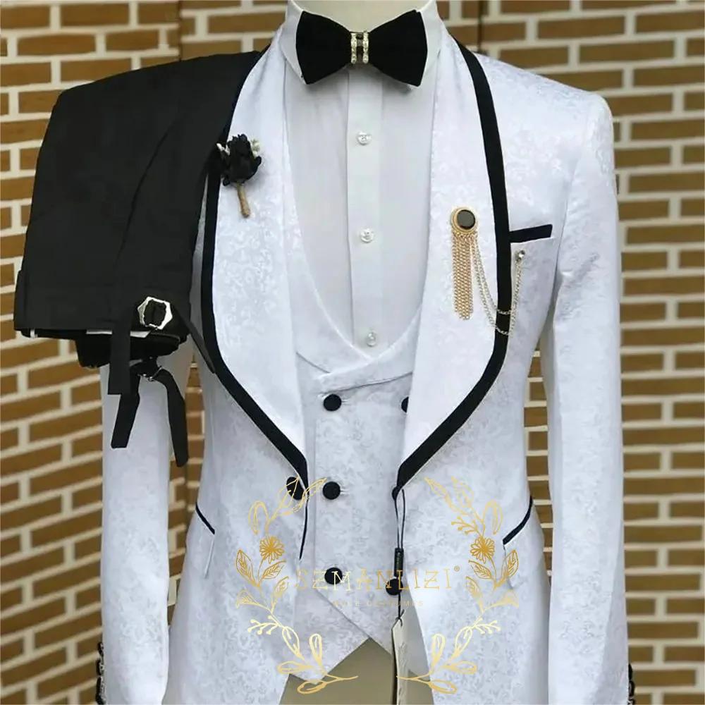 3 pièces blanc Floral hommes costumes pour mariage 2025 marié smoking coupe ajustée Costume châle re