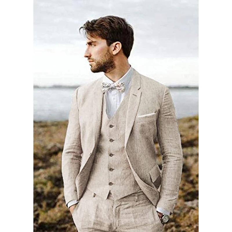 Nouveau Design Costume en lin pour hommes 3 pièces ensemble de bal de mariage formel veste cintrée marié meilleur Homme