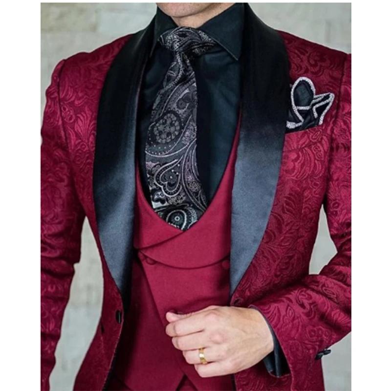Costume de Mariage en Jacquard Bordeaux pour Homme