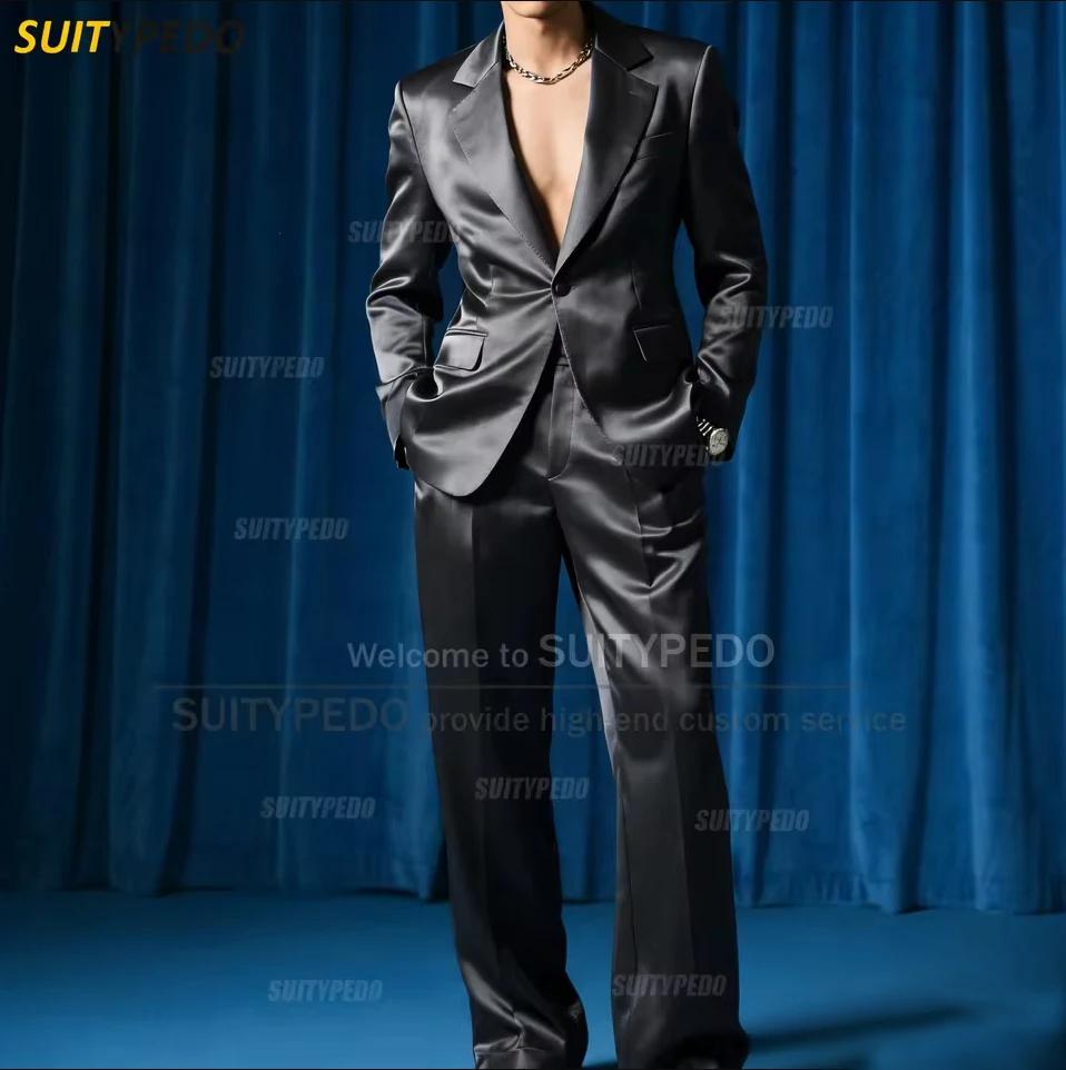 Mode bleu Royal Satin fête bal hommes costume ensembles 2 pièces Blazer et pantalon bref solide un bouton cran revers Homme Costumes