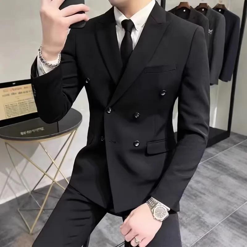 Veste de Costume Homme Élégante Croisée Style Britannique Décontracté Professionnel Manches Longues en Fibre de Polyester Printemps Automne