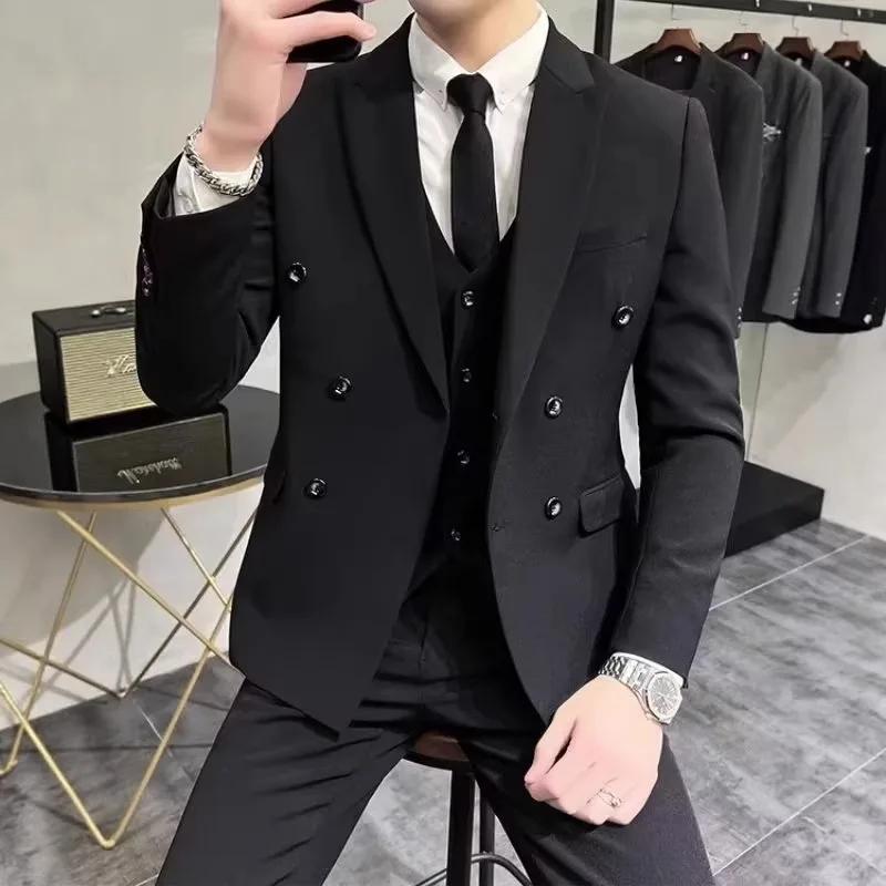 Veste de Costume Homme Élégante Croisée Style Britannique Décontracté Professionnel Manches Longues en Fibre de Polyester Printemps Automne