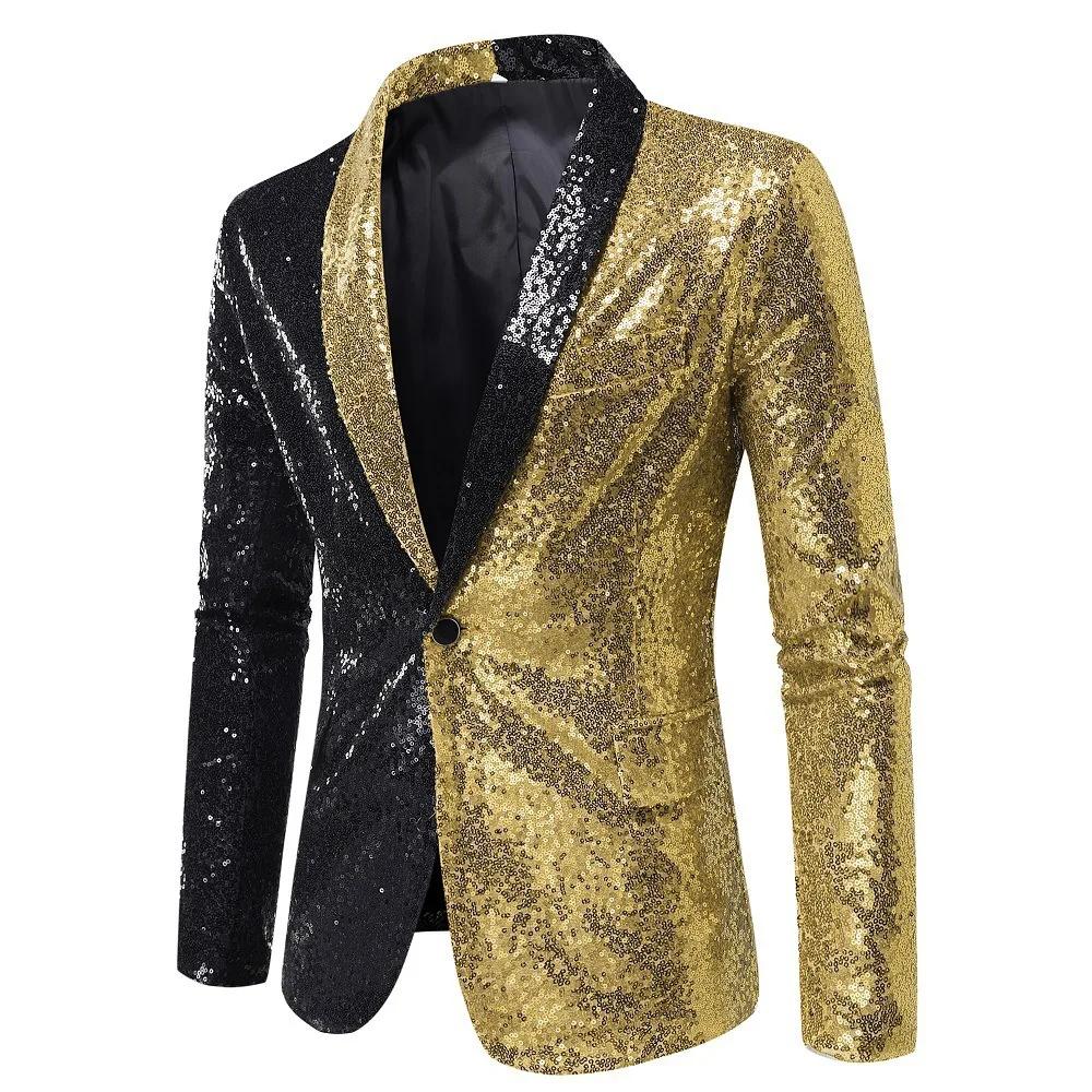 Blazer Homme Scintillant à Paillettes Col V Simple Bouton Veste de Costume Spectacle Scène Soirée Bal Dîner Manteau