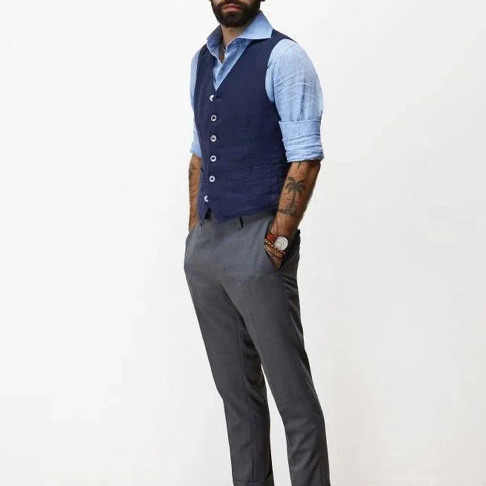 Gilets en lin de coton bleu marine pour hommes