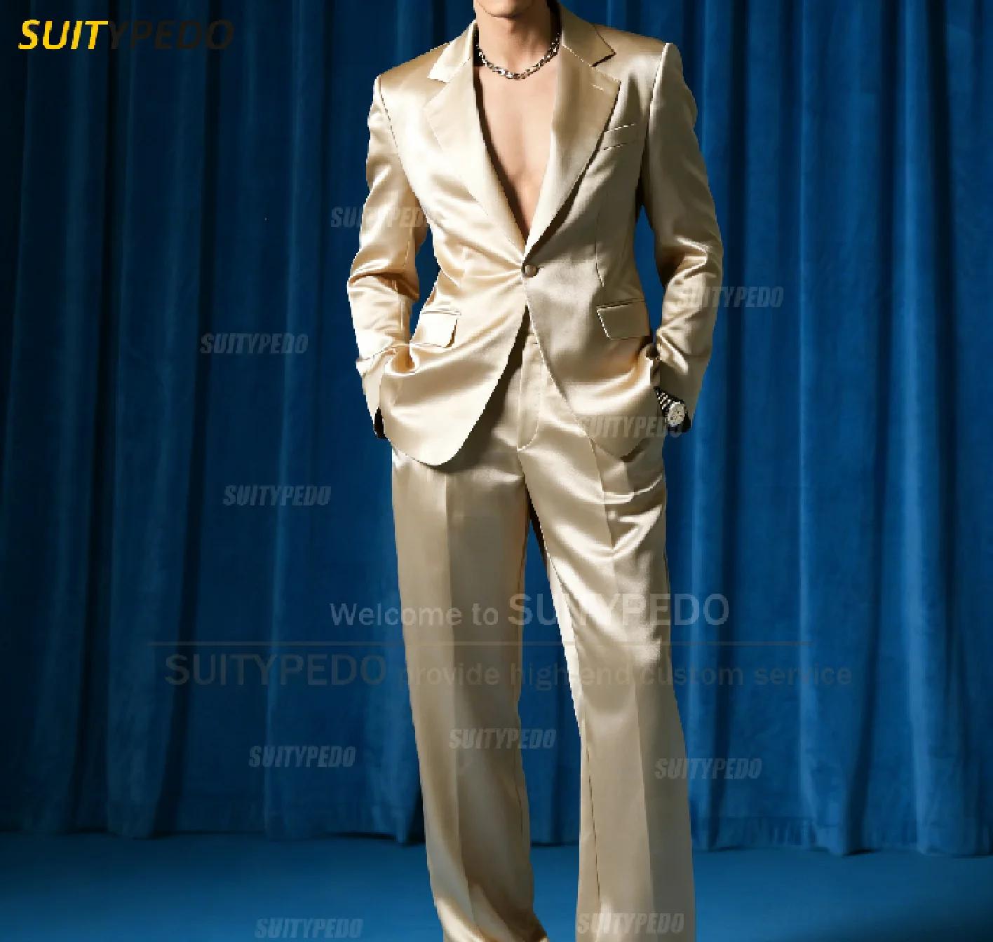 Mode bleu Royal Satin fête bal hommes costume ensembles 2 pièces Blazer et pantalon bref solide un bouton cran revers Homme Costumes