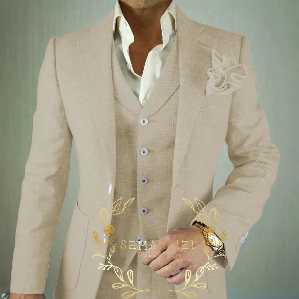 Costume 3 pièces en lin Beige pour hommes