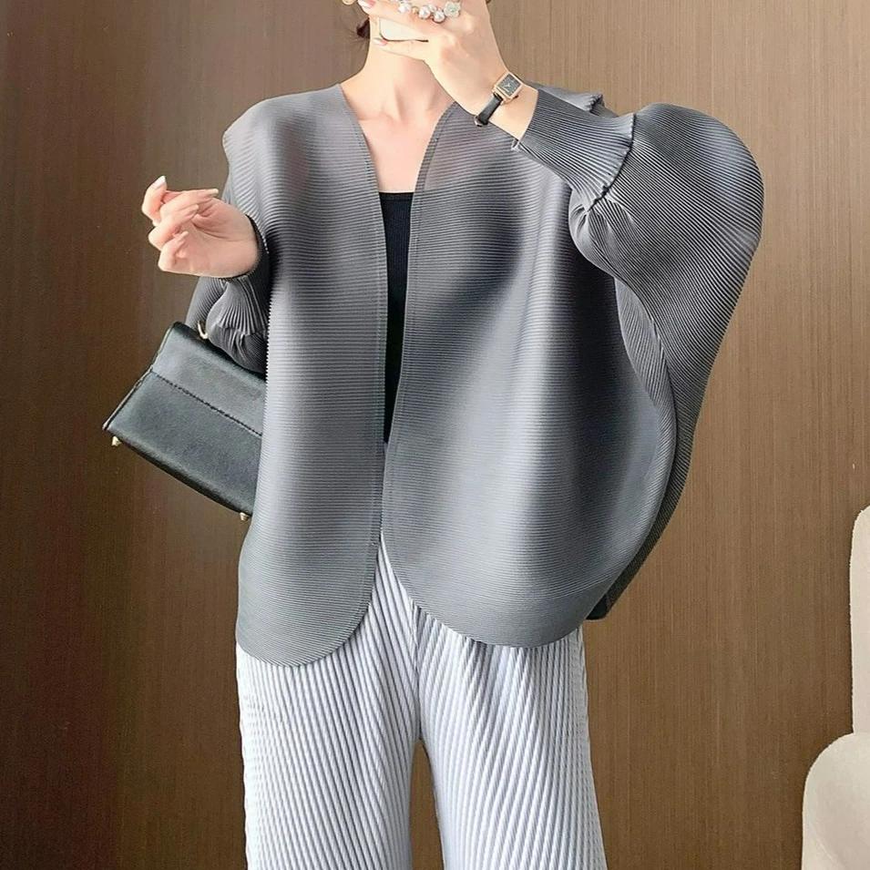 Veste Courte Nouveau Style Chemise Plissée Décontractée Polyvalente en Forme de Chauve-Souris Cardigan Haut