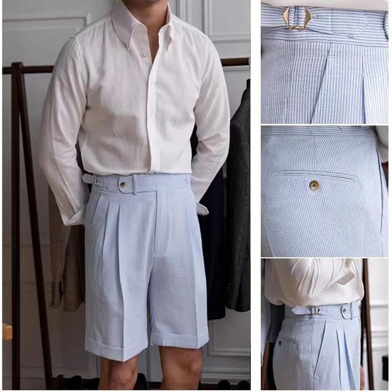 Style italien Naples costume Shorts hommes rayures bleues Seersucker taille haute Paris boucle mode angleterre affaires