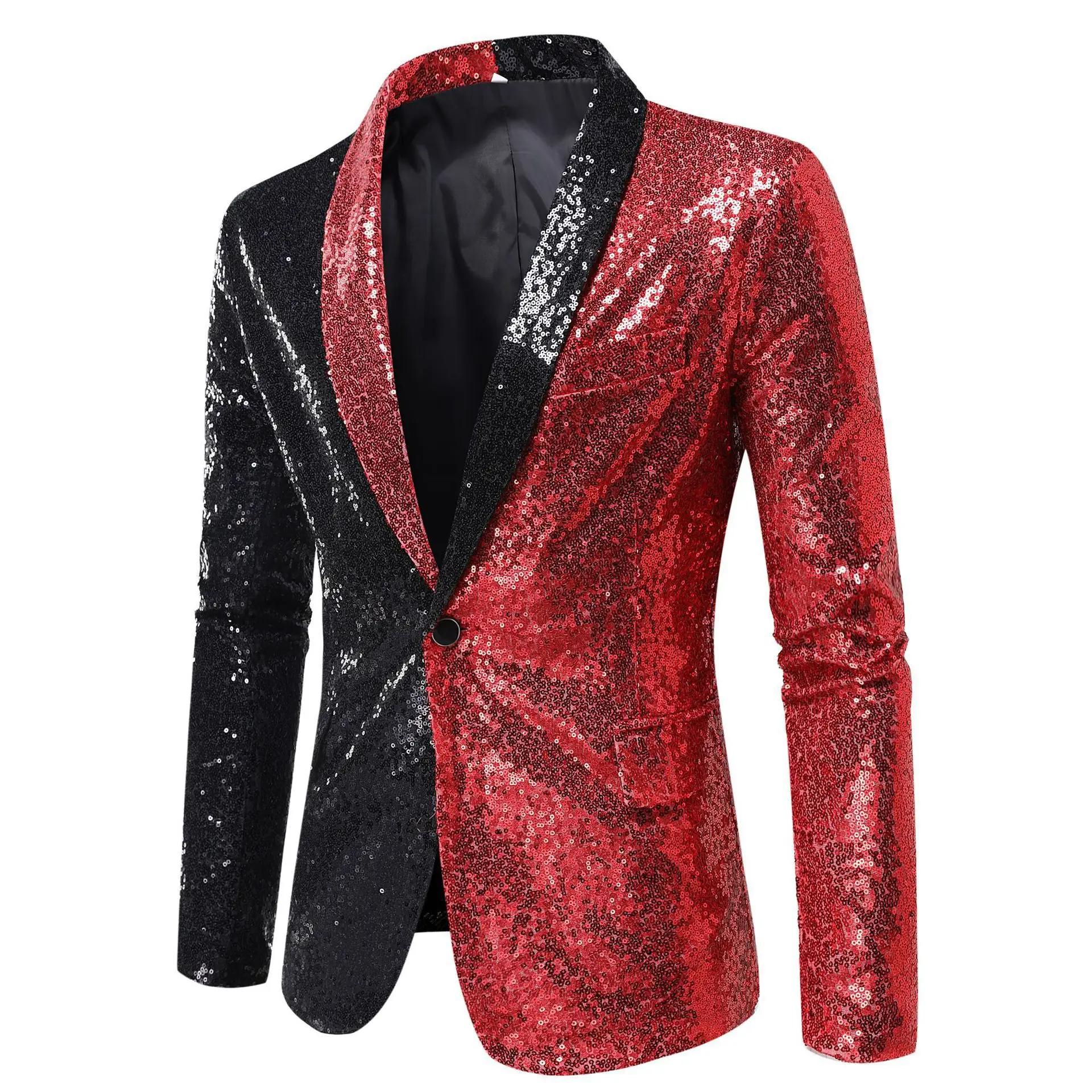 Blazer Homme Scintillant à Paillettes Col V Simple Bouton Veste de Costume Spectacle Scène Soirée Bal Dîner Manteau