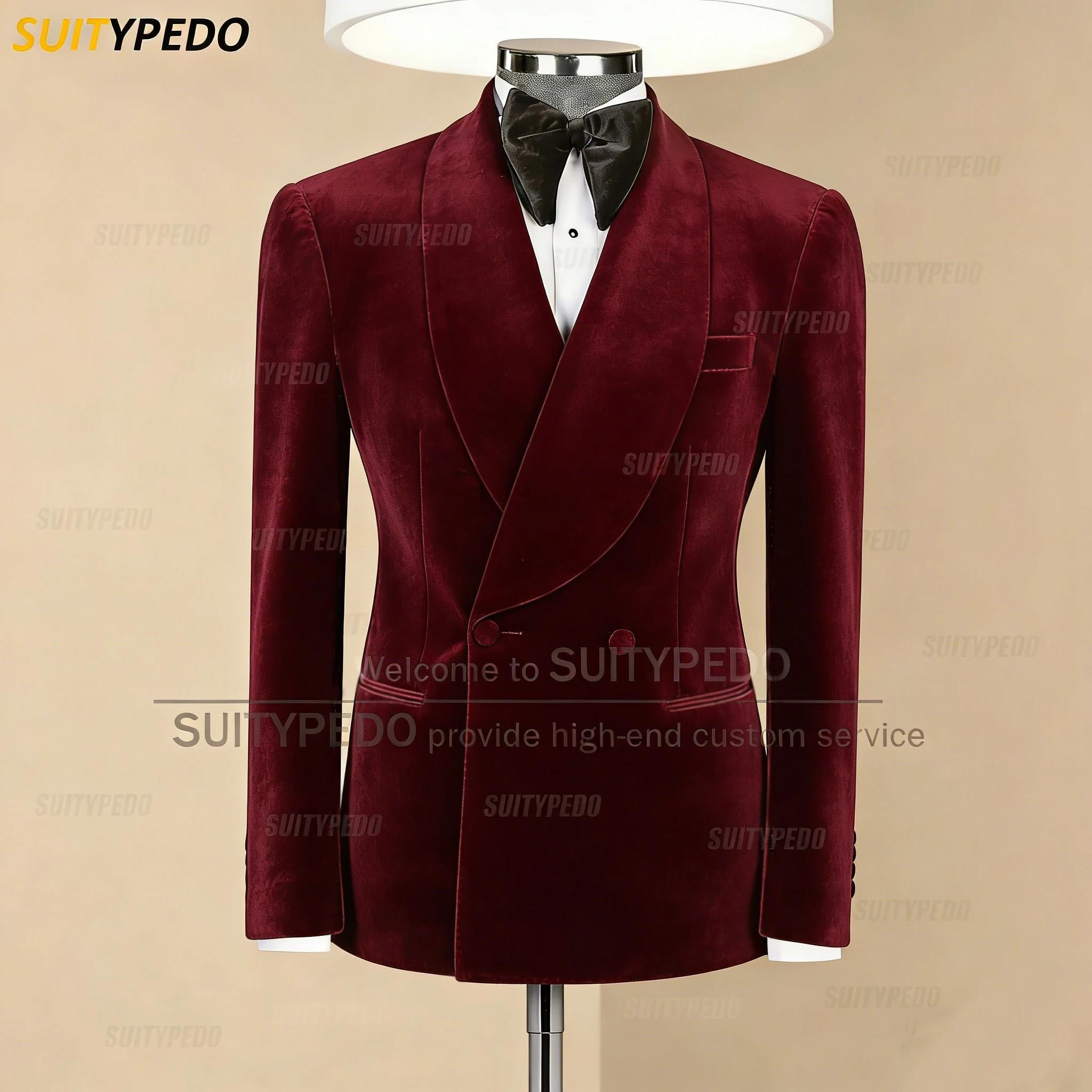 Bref bordeaux velours hommes costume manteau formel mariage marié châle revers veste Forma soirée élégant mâle smoking (un Blazer)