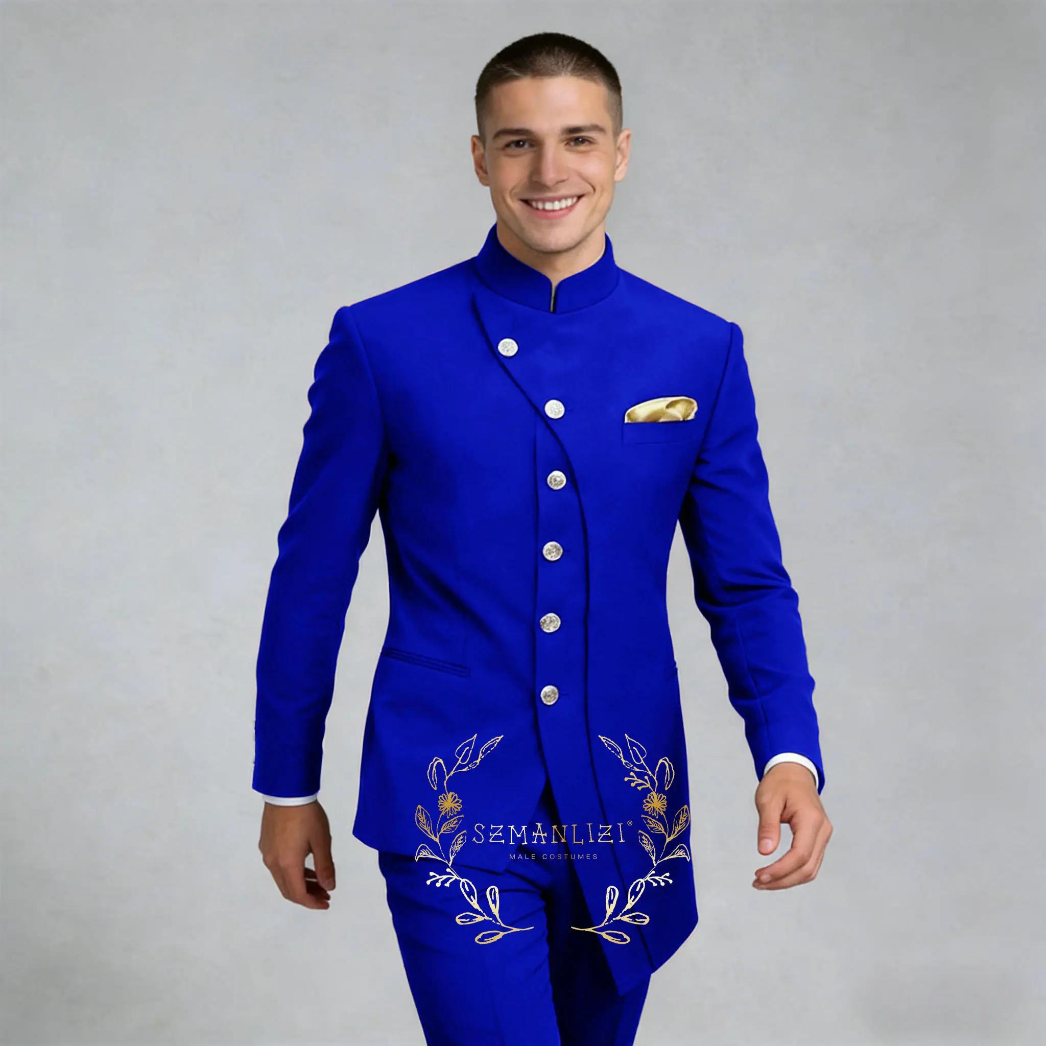 Costume de Mariage Homme Bleu Royal à Col Montant