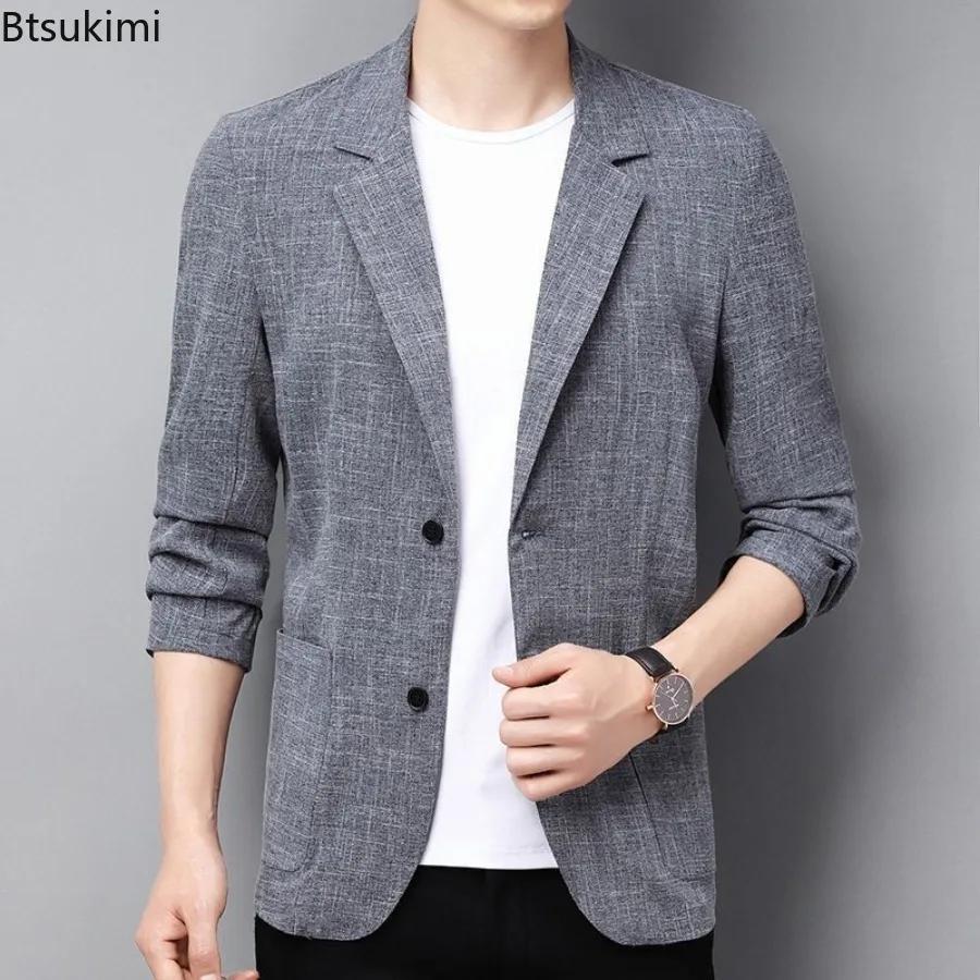 Nouveaux hommes manteaux minces Style coréen mince costume vestes printemps automne lin couleur unie blazers