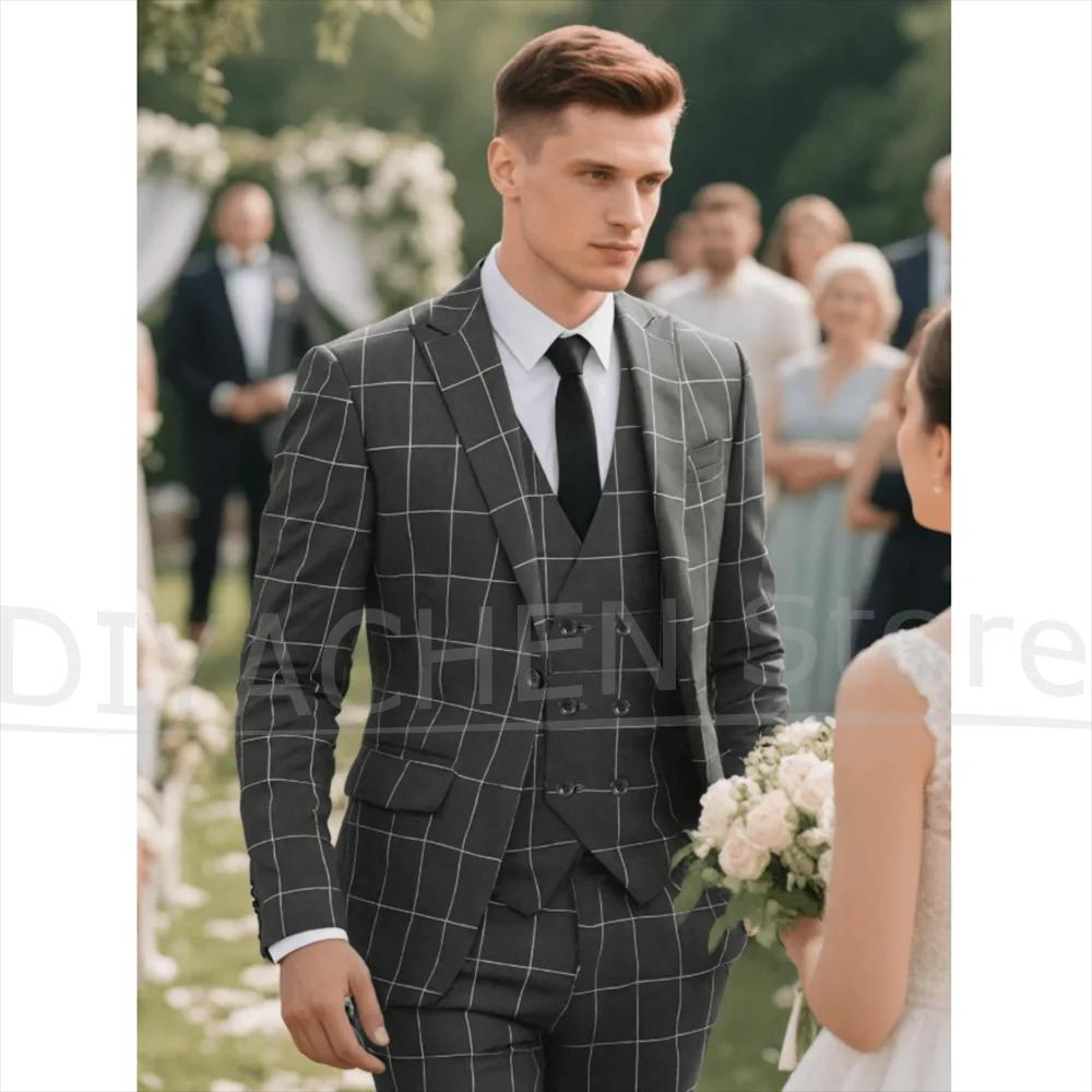 Ensemble de costume 3 pièces à motif de grille pour hommes