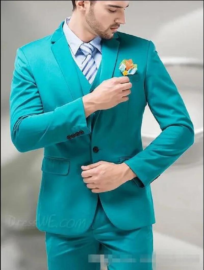 Costume de marié vert bleu turquoise à revers cranté pour homme