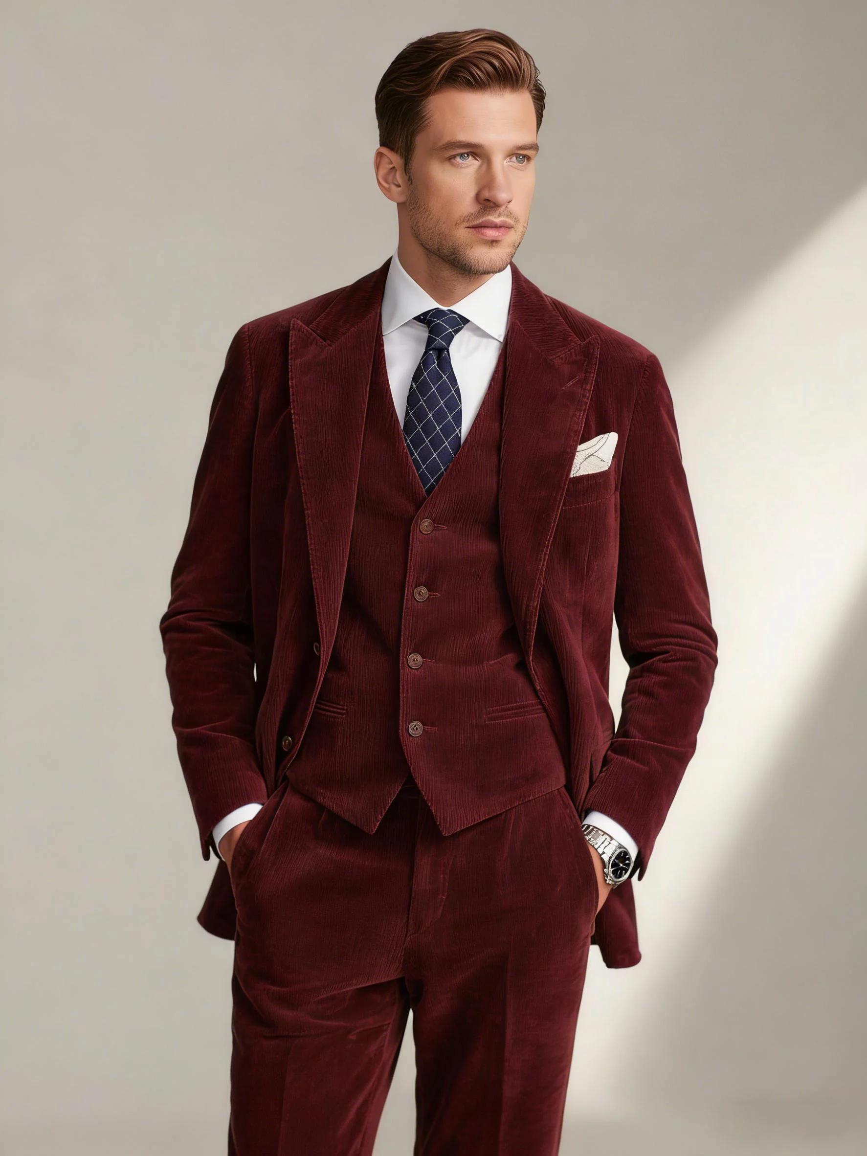 Ensemble de costume élégant en velours côtelé pour hommes