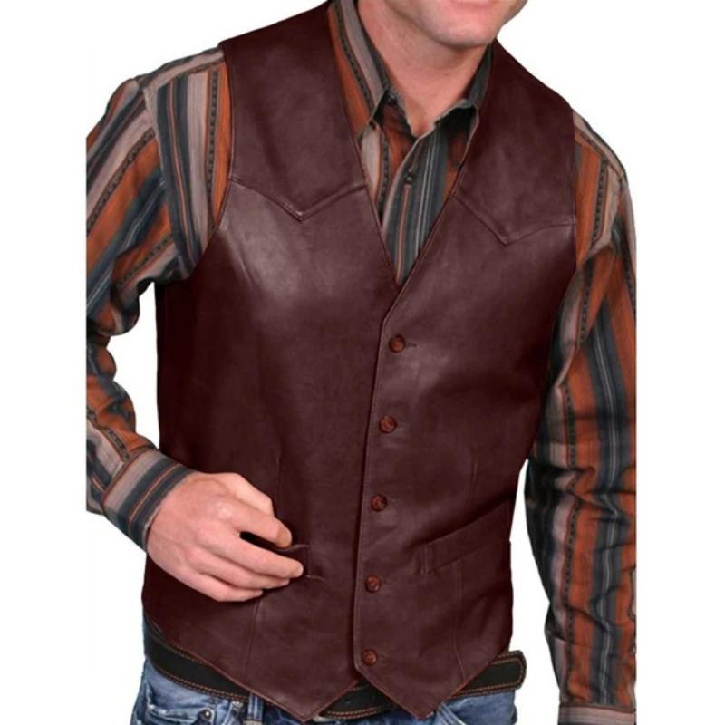 Gilet pour hommes d'affaires européens mode décontracté rétro couleur unie col en v bouton Western sans manches