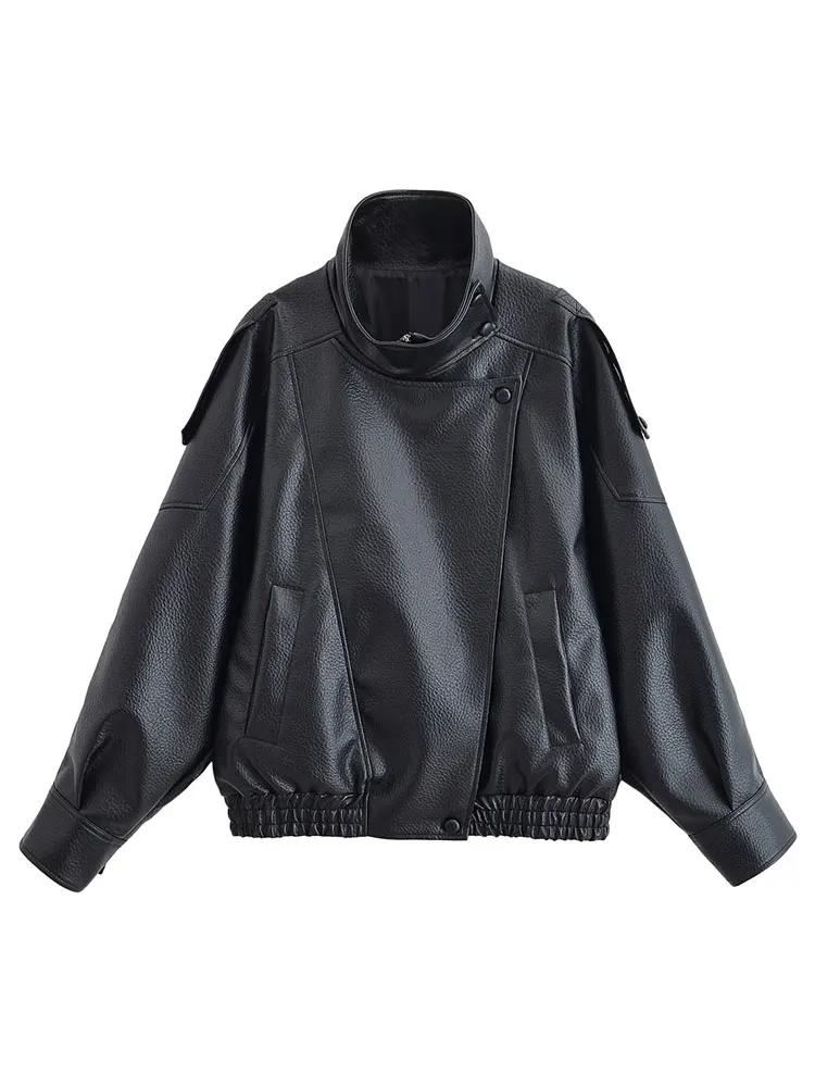 HH automne veste en simili cuir pour femmes décontracté solide fermeture éclair manches longues