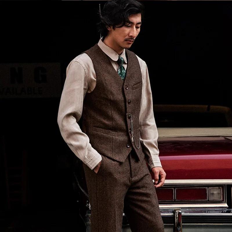 Gilet de costume en Tweed rétro britannique pour hommes