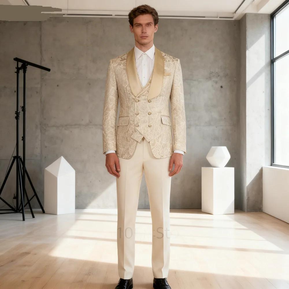 Costume de smoking formel 3 pièces en jacquard champagne pour homme avec blazer à revers châle