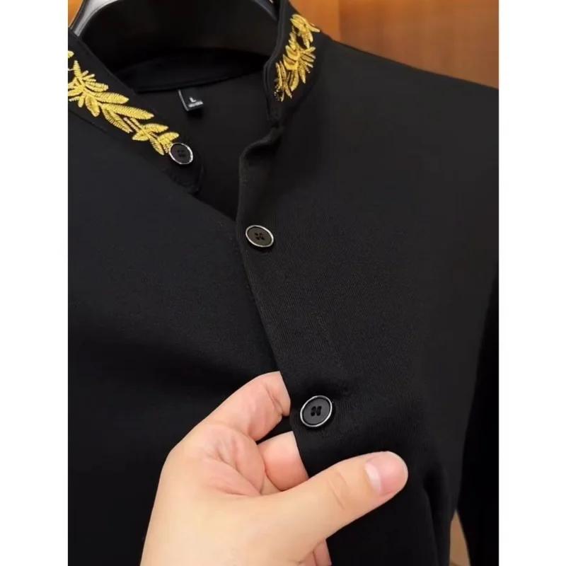 Chemise noire à manches longues et col Mandarin pour hommes