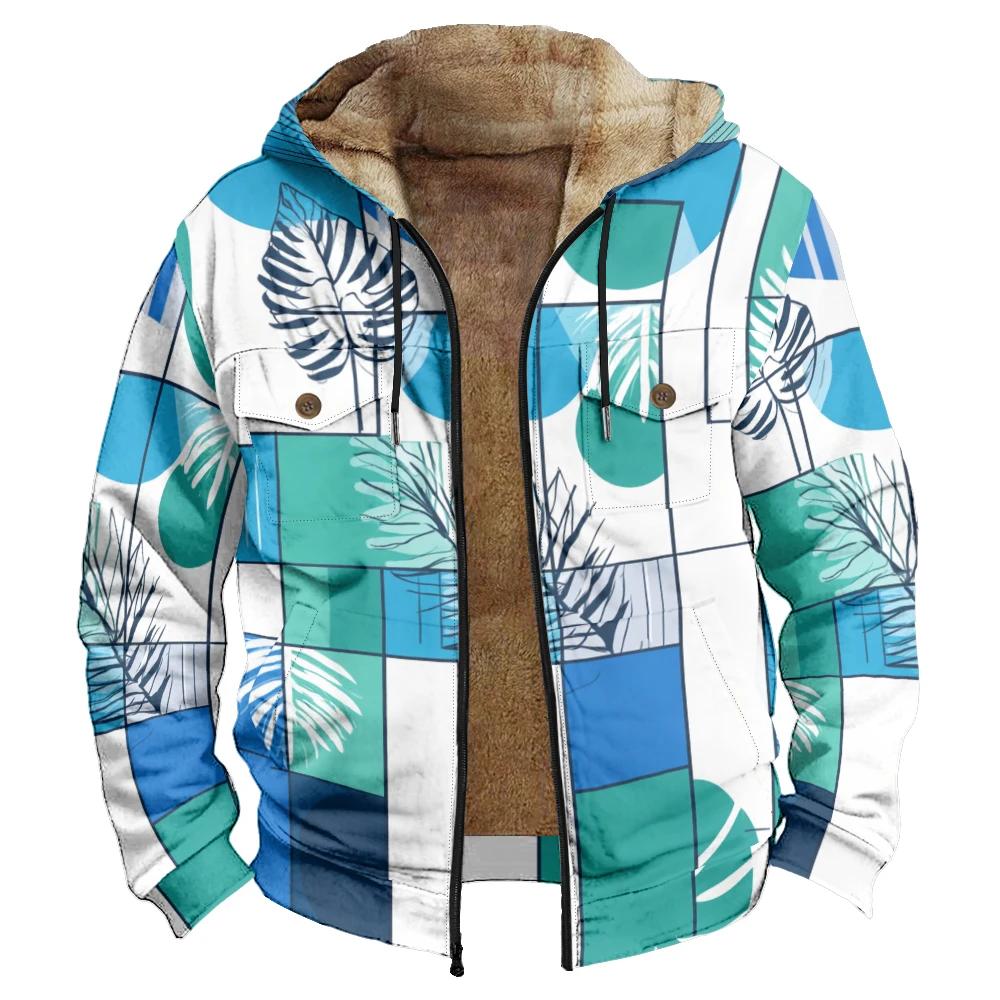 Hommes hiver géométrique feuille de palmier à pois vestes à capuche manteaux imprimer peluche épais chasse fermier Streetwear vêtements d'extérieur à la mode
