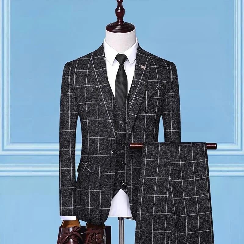 Costume (Blazer + gilet + pantalon) mode affaires décontracté Gentleman hommes Style italien élégant Plaid mince formel