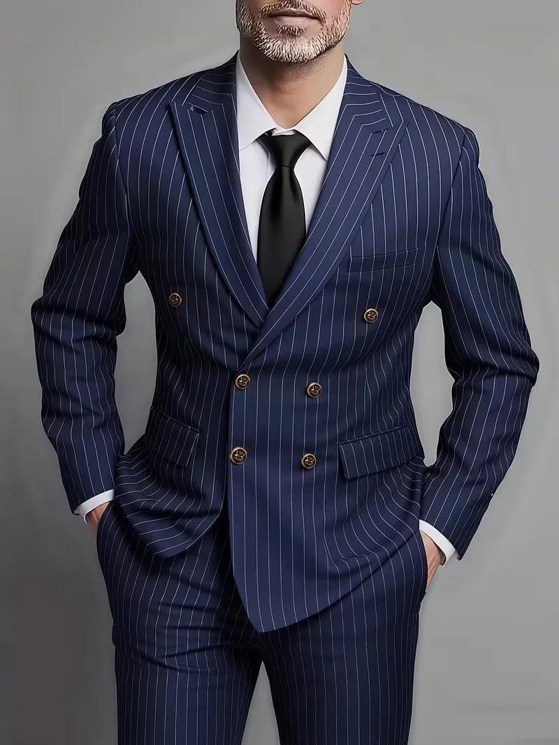 Costume Homme Deux Pièces Croisé Tendance et Ajusté pour Mariage ou Tenue Décontractée en Tissu Rayé