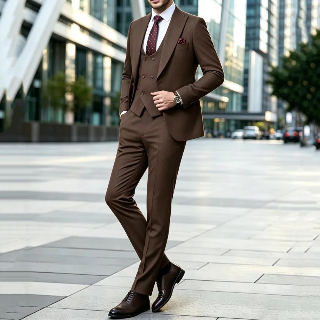 Costume homme marron foncé 3 pièces uni avec revers pour mariage