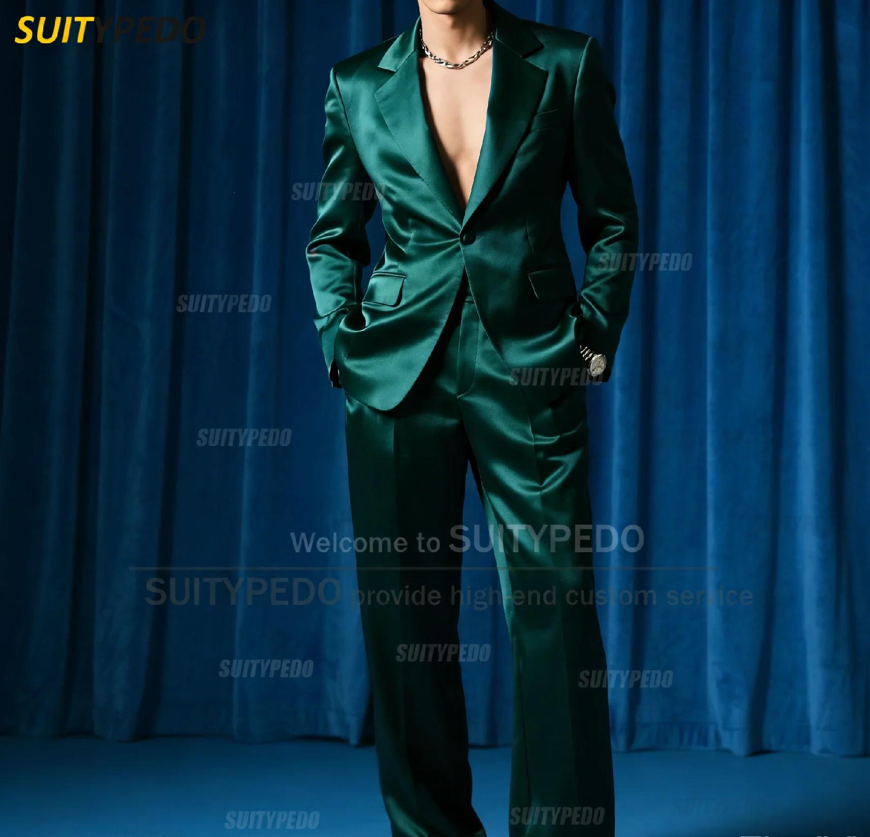 Mode bleu Royal Satin fête bal hommes costume ensembles 2 pièces Blazer et pantalon bref solide un bouton cran revers Homme Costumes