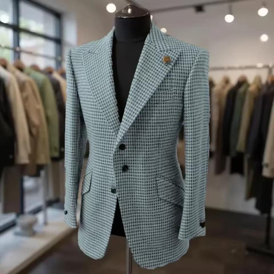 Veste formelle pour hommes pied-de-poule laine marron Blazer avec revers de pointe décontracté mariage affaires fête manteau automne hiver personnalisé
