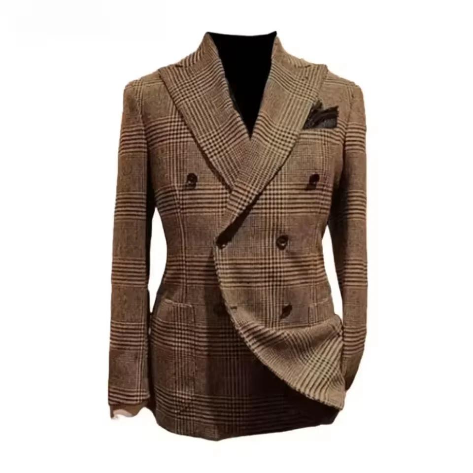 Veste formelle pour hommes pied-de-poule laine marron Blazer avec revers de pointe décontracté mariage affaires fête manteau automne hiver personnalisé