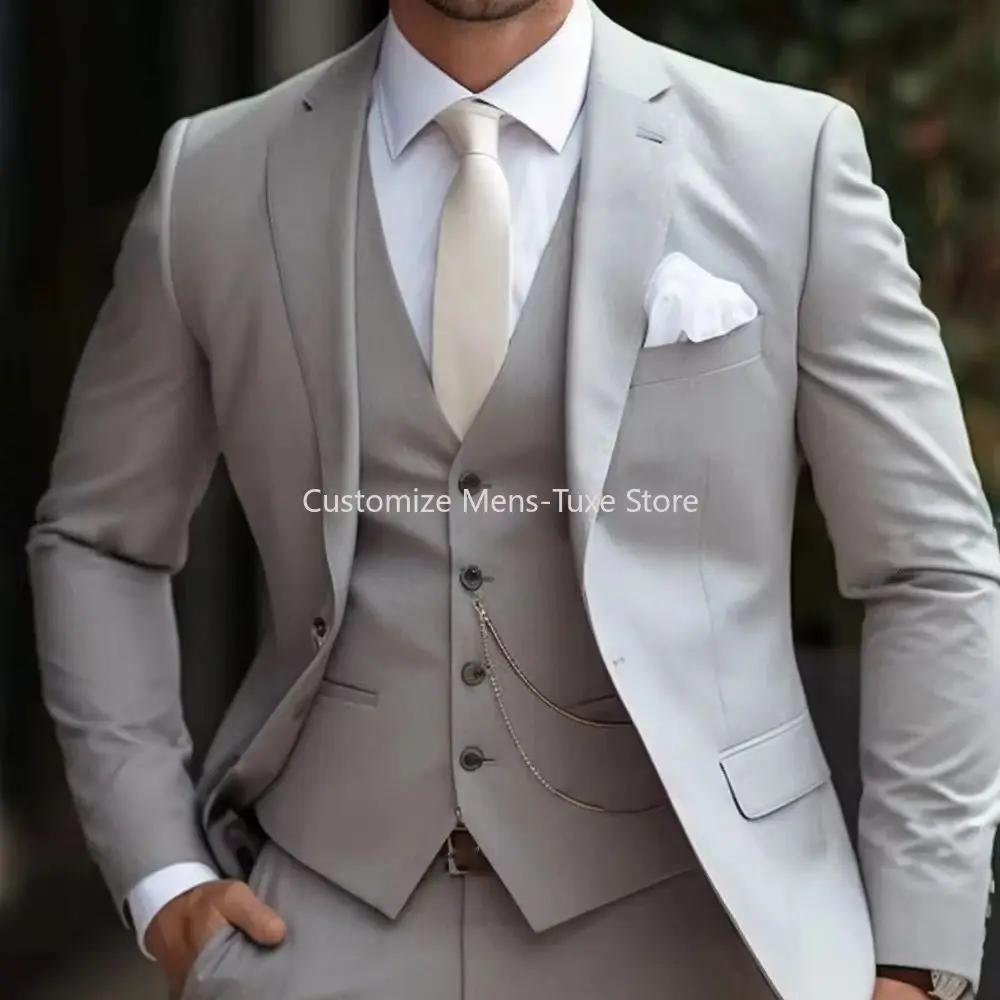 Nouveau costume Beige hommes d'affaires Tuxedos formel 3 pièces ensemble veste gilet pantalon simple boutonnage marié Groomsman bal de mariage