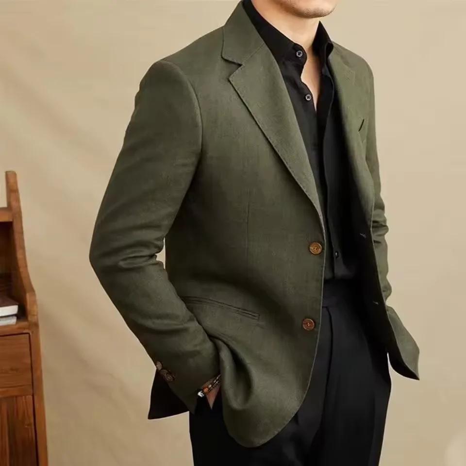 Blazer en lin vintage pour homme, croisé, à revers pointus, coupe ajustée, respirant, doux, infroissable, style business décontracté