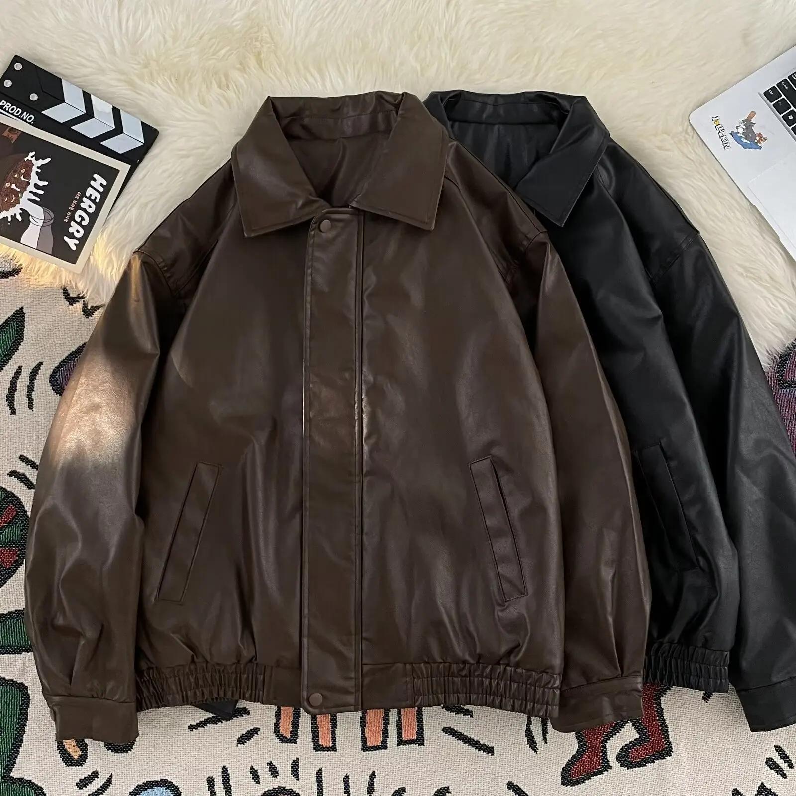 Veste en cuir PU marron pour homme