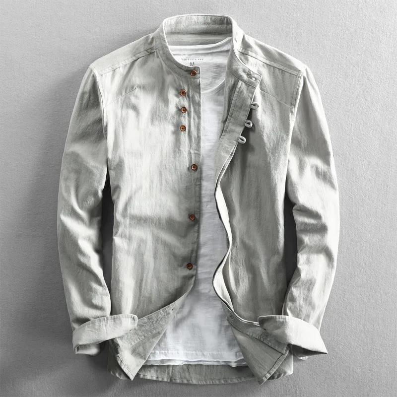 Chemise en lin pour homme de style chinois à col mandarin