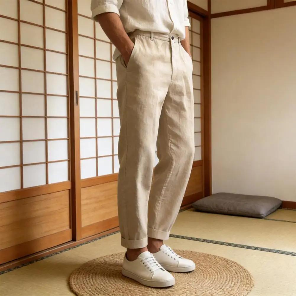 Pantalon de costume vintage ample en lin pour hommes